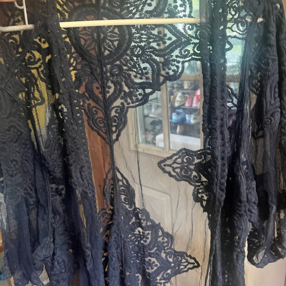 Sheer navy Lace Kimono Cover-Up boho 2-3x - Picture 2 of 4